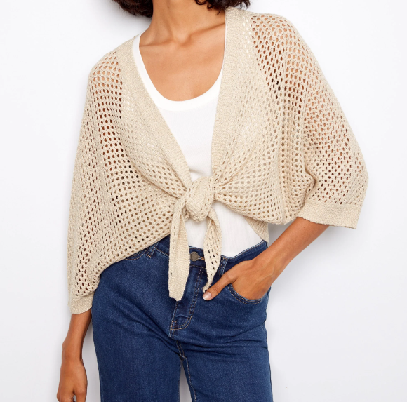Crochet Lurex Tie-Front Bolero - Gold