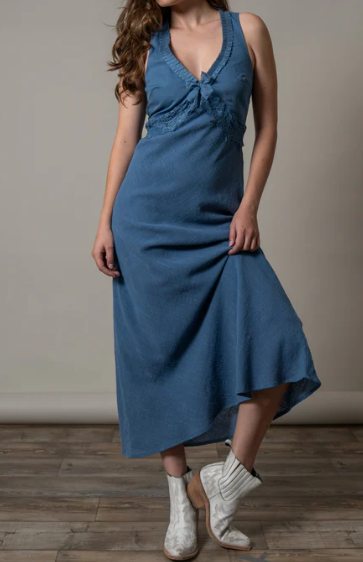 Women's Blue Sleeveless V-Neck Midi Dress with Lace Trim