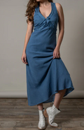 Women's Blue Sleeveless V-Neck Midi Dress with Lace Trim