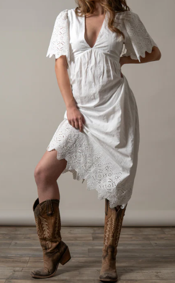 Women's White Eyelet Embroidery Midi Dress