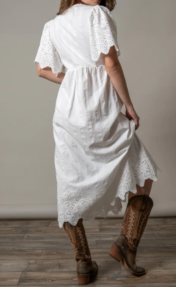 Women's White Eyelet Embroidery Midi Dress