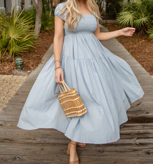 Coastal Muse Light Blue Smocked Midi Dress