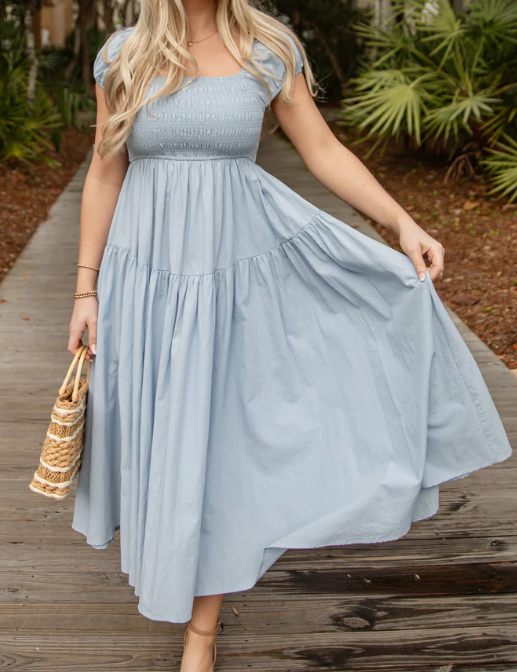 Coastal Muse Light Blue Smocked Midi Dress