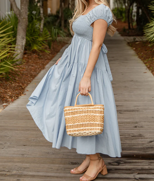 Coastal Muse Light Blue Smocked Midi Dress
