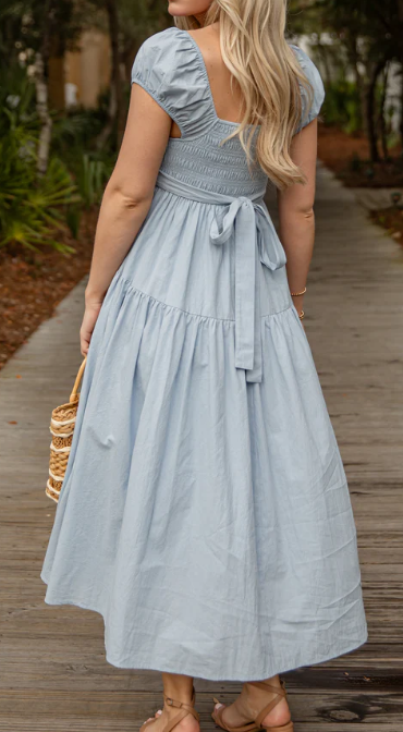 Coastal Muse Light Blue Smocked Midi Dress