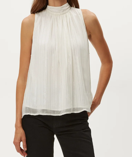 Women's Sleeveless High Neck Blouse, Metallic Stripe Chiffon Top in Ivory