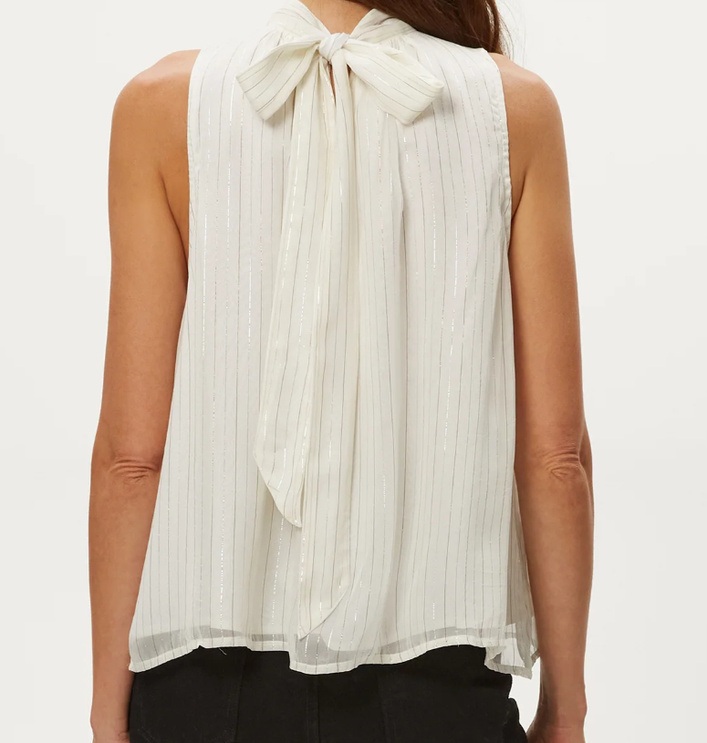 Women's Sleeveless High Neck Blouse, Metallic Stripe Chiffon Top in Ivory
