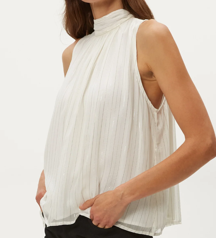 Women's Sleeveless High Neck Blouse, Metallic Stripe Chiffon Top in Ivory